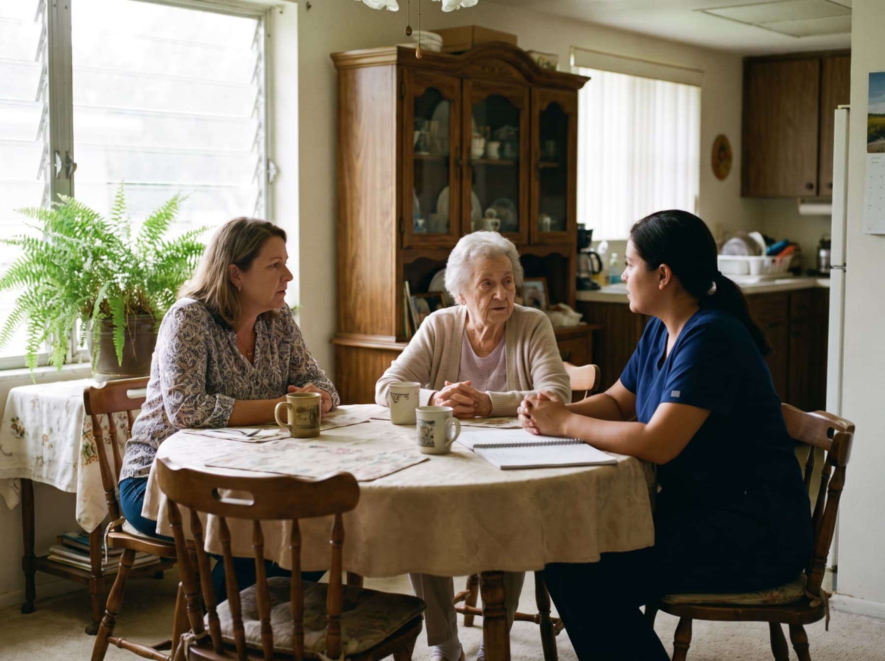 A caregiver in navy scrubs sitting at a dining table with an older woman and her adult daughter, talking through a care plan.