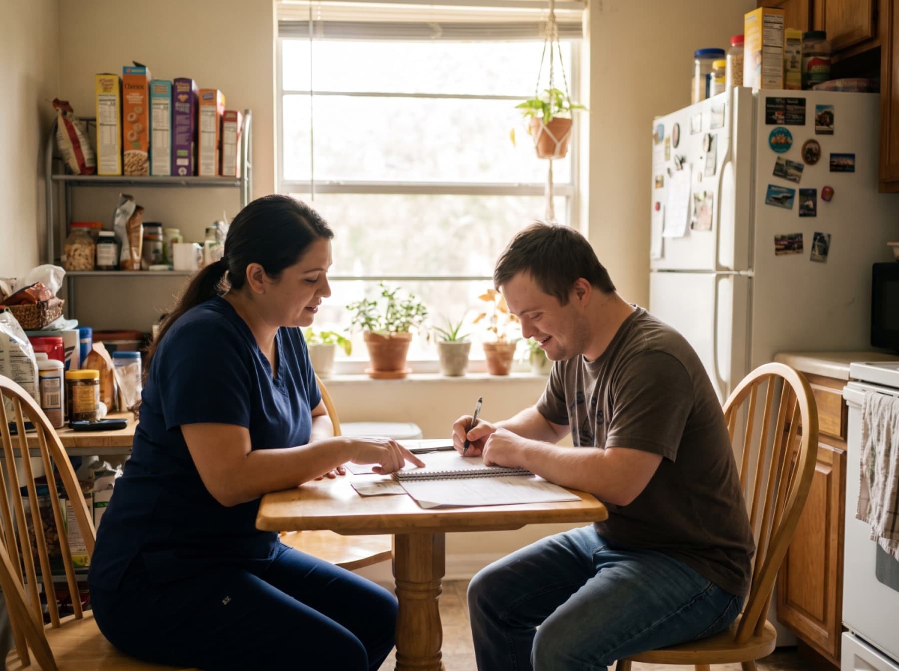 A caregiver in navy scrubs and a young man with Down syndrome at a kitchen table, he is writing the shopping list himself.