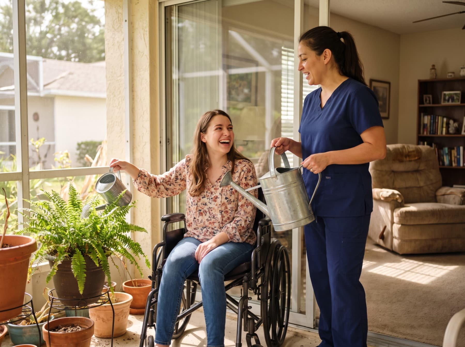 A young woman who uses a wheelchair watering the plants on her Florida porch while a caregiver in navy scrubs stands beside her, both laughing.