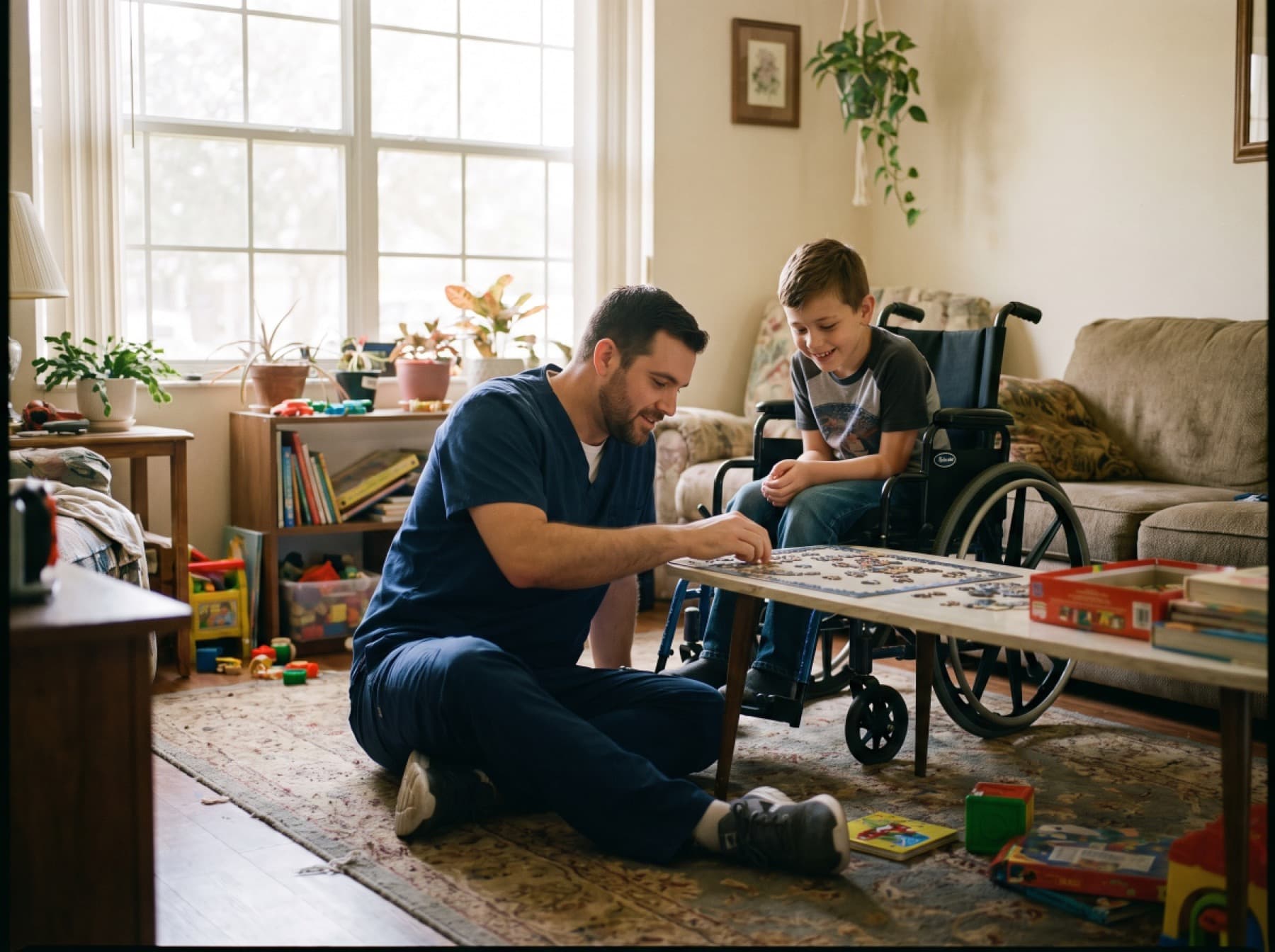 A male caregiver working on a puzzle at a table with a teenage boy who uses a wheelchair.
