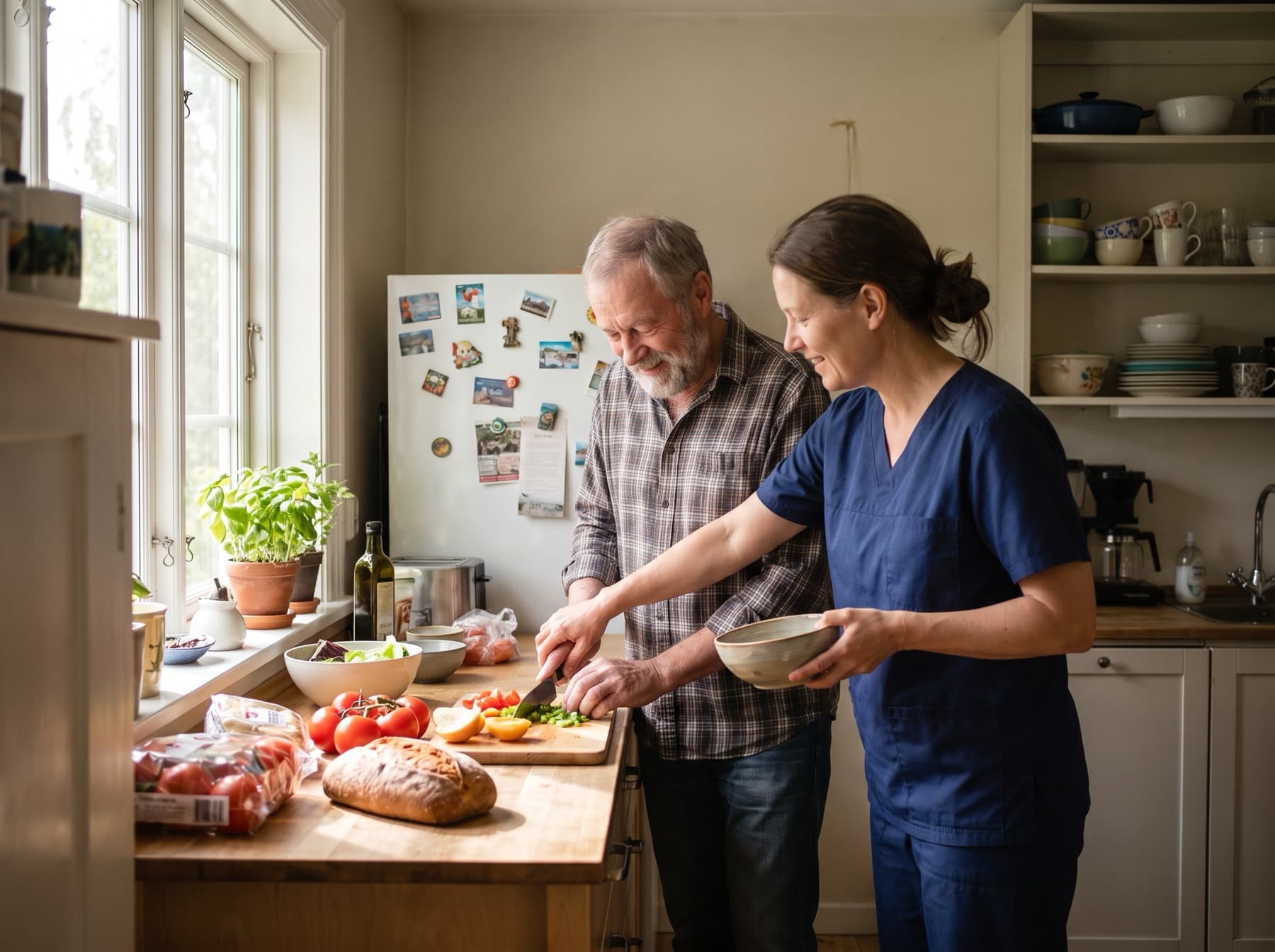 An older man chopping vegetables at his kitchen counter while a caregiver in navy scrubs prepares a meal alongside him.