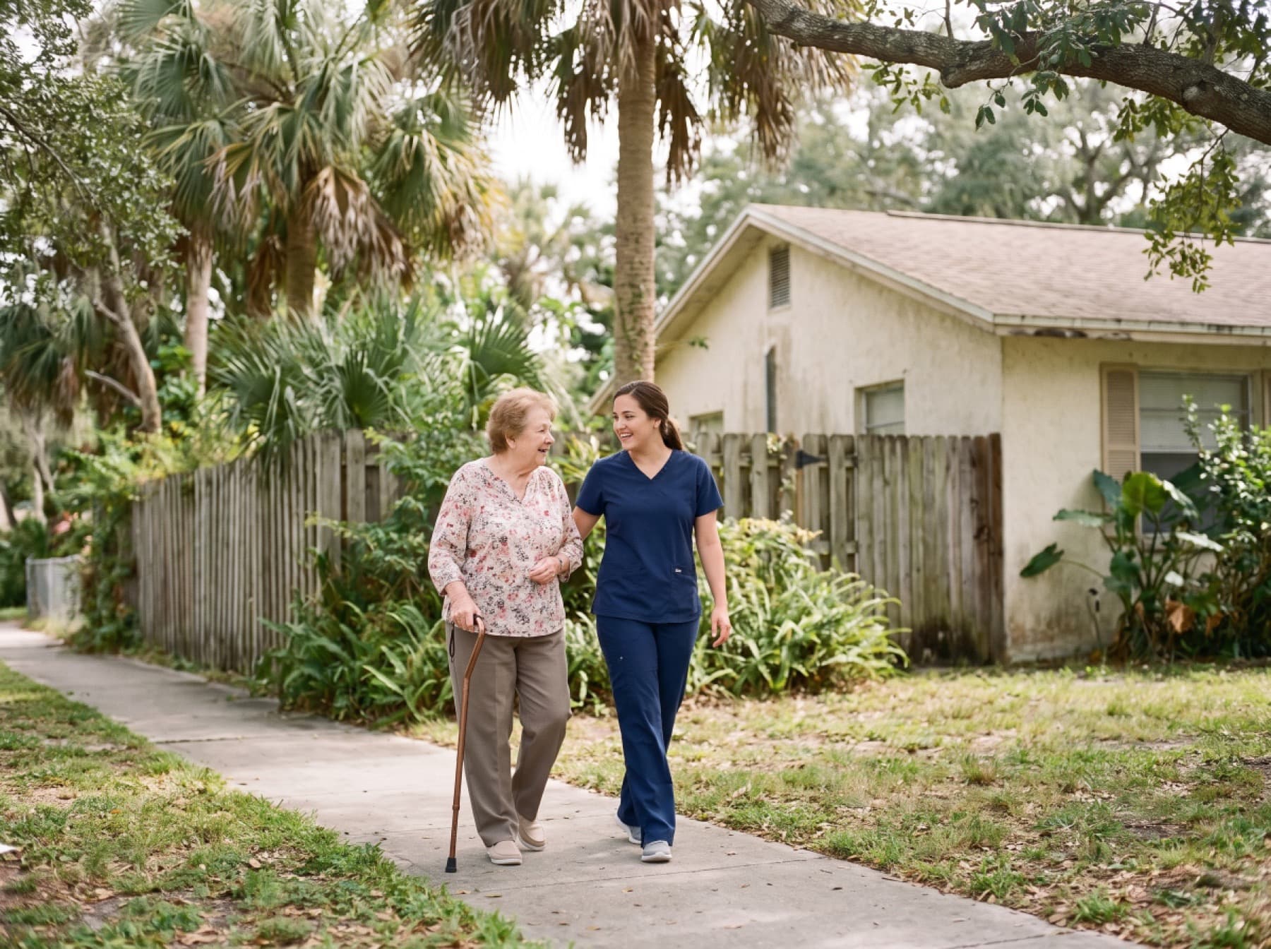 A caregiver in navy scrubs sitting with an older woman on her living room sofa, both smiling at each other.